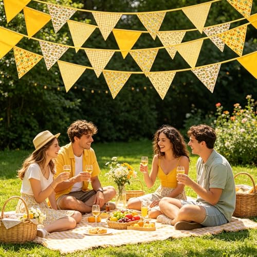 Image of Zwiebeco 32Ft Yellow Fabric Floral Pennant Banner Bunting Cotton Flowers Triangle Flags Party Decorations for Birthday Wedding Engagement Bridal Baby Shower Rustic Village Sweet Home Garden Decor