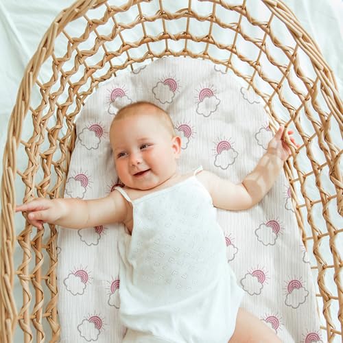 Image of Muslin Bassinet Fitted Sheets 2 Pack, Soft Breathable Cotton Baby Bassinet Mattress Sheet Set, 360 Elastic Snug Fit, Universal for Oval, Rectangle (Pink Cloud, Bassinet Sheets 2 Pack)