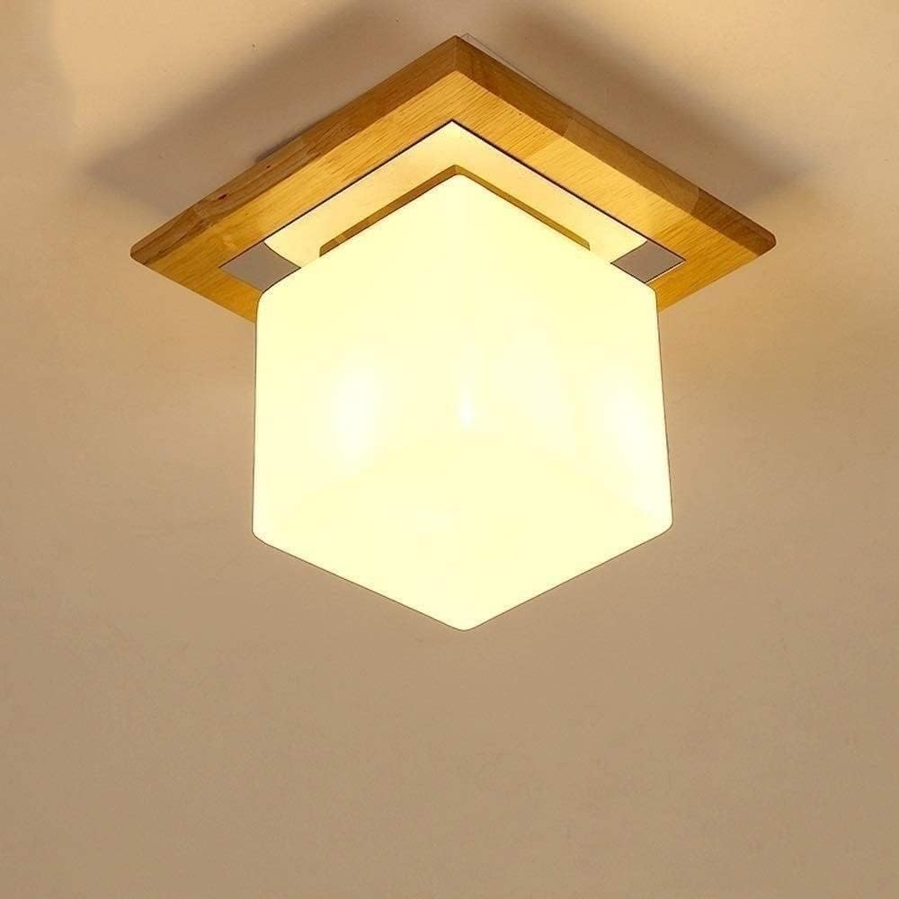 Nowoczesna prosta lampa sufitowa z drewnianą podstawą z kwadratowym szklanym kloszem Oświetlenie sufitowe do sypialni, kuchni, przedpokoju, pralni