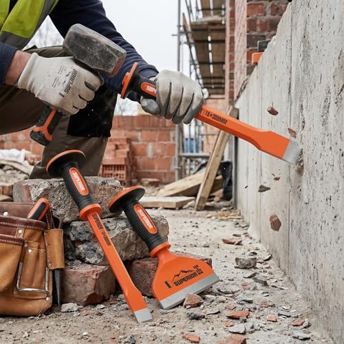 KIRXST 3-Tlg Handmeißel Set mit Handschutz, 22 cm Fliesenmeißel, 30 cm Flachmeißel und 30 cm Spitzmeißel für Präzise Arbeiten an Fliesen, Beton und Stein