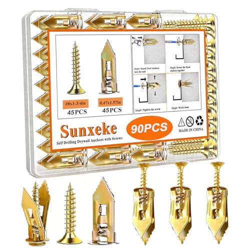 Image of 90PCS Self Drilling Drywall Anchors and Screws Kit, 0.47x1.57 inch Sheetrock Anchors with Screws, Wall Anchors for Drywall, No Drill, Holds Up to 66LBS for Picture & Mirror Hanging