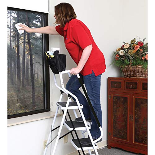 SUPPORT PLUS Folding 4-Step Safety Step Ladder - Step Stool with Padded Side Handrails, Tool Pouch Caddy, Wide Steps