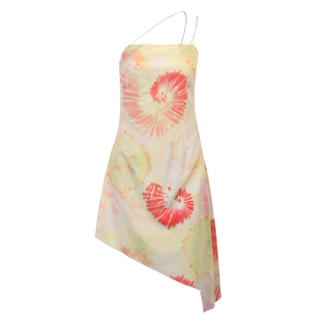 Kcibyvx Damen Sommerkleid, unregelmäßige Spaghetti-Träger, Midi-Sling-Kleid, Spiraldruck, schulterfrei, asymmetrisch, Strandkleid
