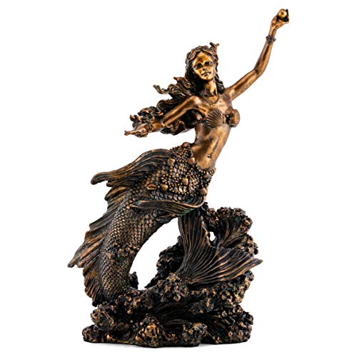 Top Collection Mermaid Holding Pearl Statue Hand Painted Mythical Creature Sculpture with Bronze Finish Look- 10.25-Inch Collectible Figurine