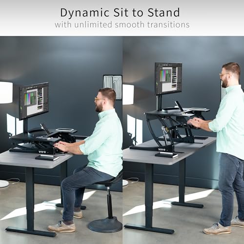 Image of VIVO Black 32 inch Standing Desk Converter, DESK-V000VS | Height Adjustable, Stand Up Desk Riser, Wide Keyboard Tray, Dual Monitor and Laptop Workstation, Black Frame, V Series