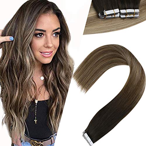 18 Inch Balayage Tape in Remy Human Hair Extensions Ombre Darkest Brown Fading to #8 Light Brown Mixed #18 Ash Blonde Tape Hair Extensions 20pcs 50G