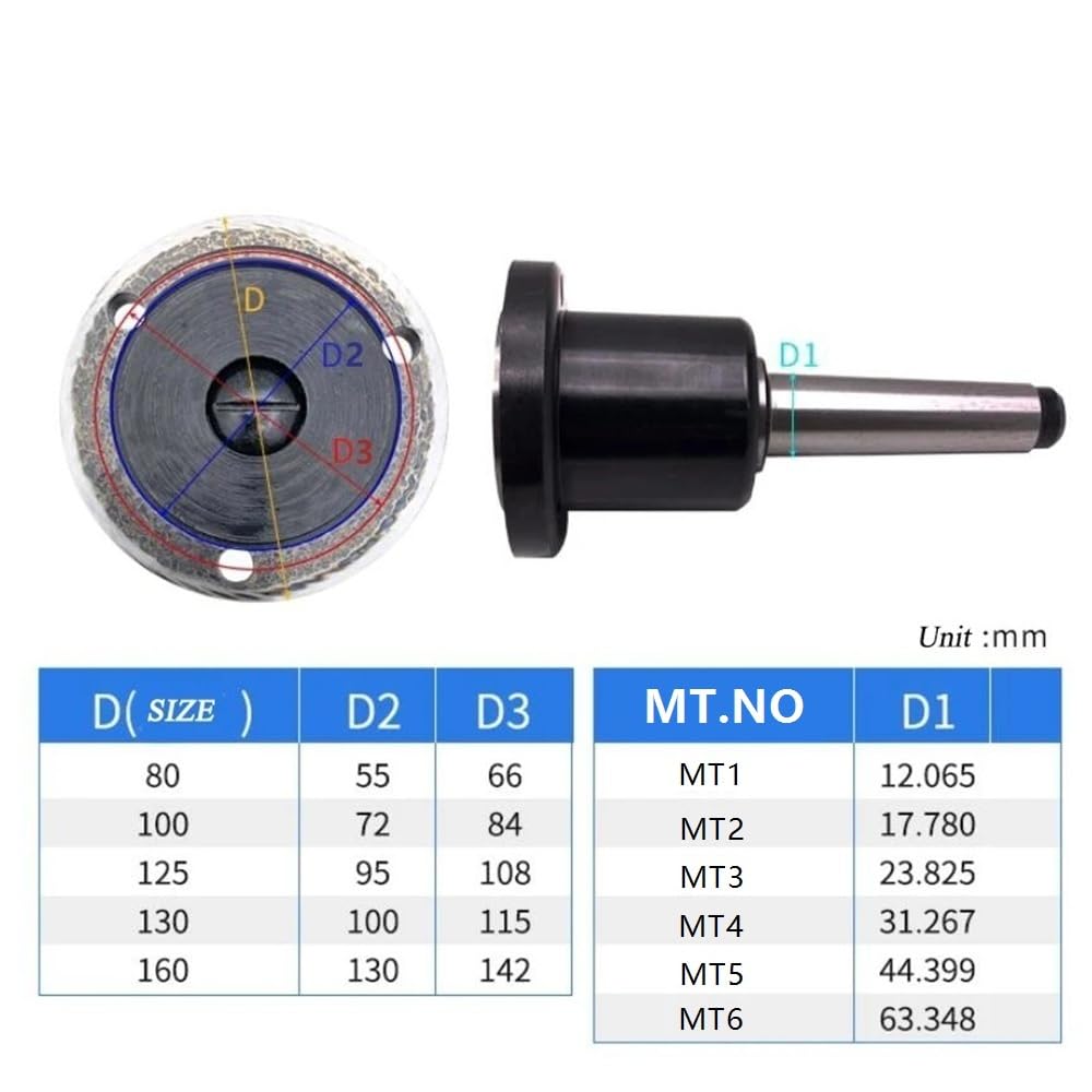 Adaptador de cono Morse Adaptador de mandril torno cónico Morse 125 mm, brida MT3 MT4, rotatorio 3 y 4 mordazas, 1 pieza