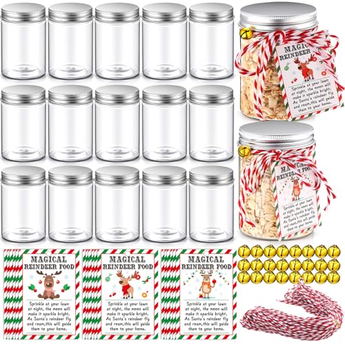 Suclain 16 Set Christmas Reindeer Food Jar Filled Attached Paper Card Bells and Twine Christmas Eve Tradition Present Gift for Xmas Party Favor(Cylindrical)