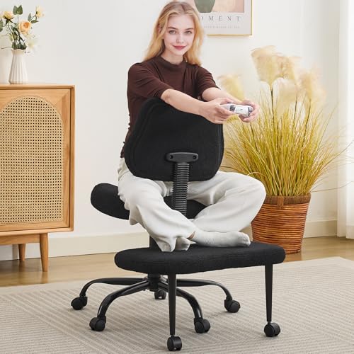 Image of Ergonomic Criss Cross Legged Office Chair, ADHD Chair, Wide Height Adjustable Seat 360 Swivel Footstool with Wheels, PU Leather Meditation Kneeling Chair, for The Restless Home Workers, Black