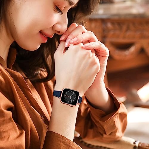 Image of STIROLL Slim Leather Bands Compatible with Apple Watch Band 49mm 46mm 45mm 44mm 42mm(Series 3 2 1), Top Grain Leather Watch Thin Wristband for iWatch Ultra SE Series 11 10 9 8 7 6 5 4(Navy Rose Gold)