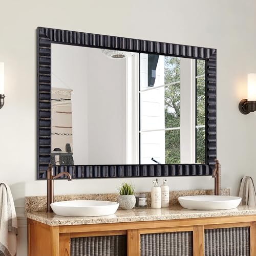 Image of Wooden Large Living Room Mirror, 48 inchx32 inch Vintage Black Bathroom Mirror, Rectangular Relief Frame, Farmhouse Modern Style Decor for Entryway /Dining Room /Bedroom