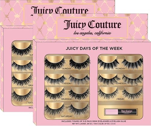 Juicy Couture False Mink Eye Lashes Strips – 3D Wispy Cat Eye Strips with Glue & Applicator – 7 Unique Lash Falsies Every Day for Natural, Fluffy, Dramatic Looks (14 Pairs)