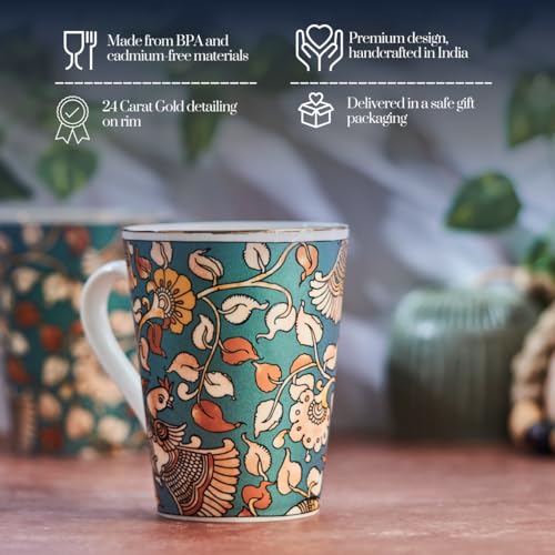 Image of GOLDEN QUEEN'S Mugs Set Of 2 For Coffee, Tea, Milk - Ideal For Your Daily Beverage Ritual, Hosting & Casual Gatherings | 24 K Gold On Rim - Kalamkari Hues In Green, 300 Ml