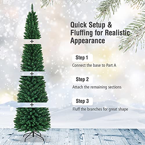Dreamade 9Ft Artificial Pencil Christmas Tree, Unlit Slim Xmas Pine Tree W/ 1500 Pvc Branch Tips, Metal Foldable Base, Ideal For Holiday Home Office Party Decor, Green #TOP3