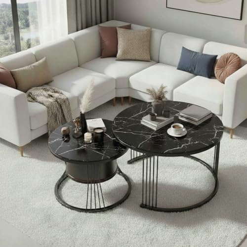 Image of Round Coffee Table Set of 2 for Living Room Wooden Top with Gold Metal Frame Modern Nesting Center Table for Sofa Area Home & Office Furniture (Full Black)