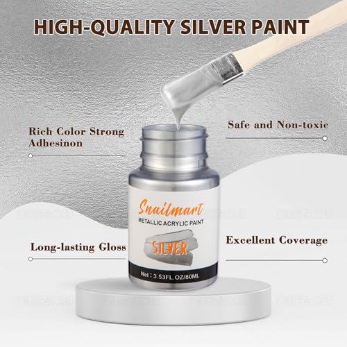 Image of 80ml Metallic Silver Acrylic Paint - Non-Toxic, Non-Fading Silver Leaf Paint for Canvas, Wood, Fabric, Ceramic, Stone - Ideal for Art, Painting, Handcrafts