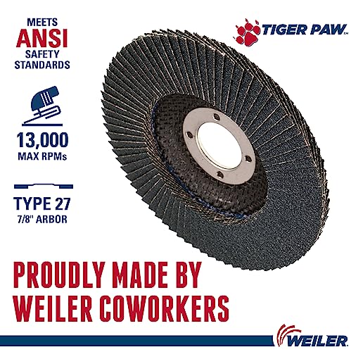 Image of Weiler 51109 Tiger Paw High Performance Abrasive Flap Disc, Type 27 Flat Style, Phenolic Backing, Zirconia Alumina, 4-1 /2 inch Diameter, 7 /8 inch Arbor, 60 Grit, 13000 RPM (Pack of 10)