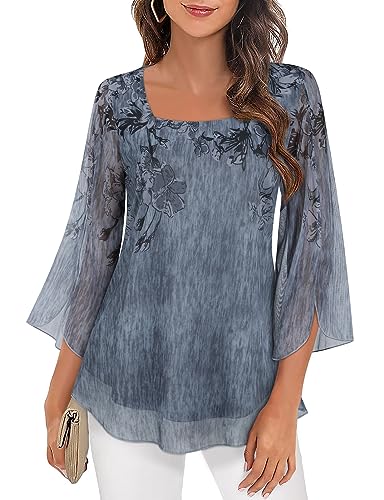 Syphiby Womens Ruffle Flowy Blouse Tunic Tops,3/4 Sleeve Chiffon Ladies Long Tops Blouses Size 14 Length Half Women Floral Grey Printed Dressy Tops