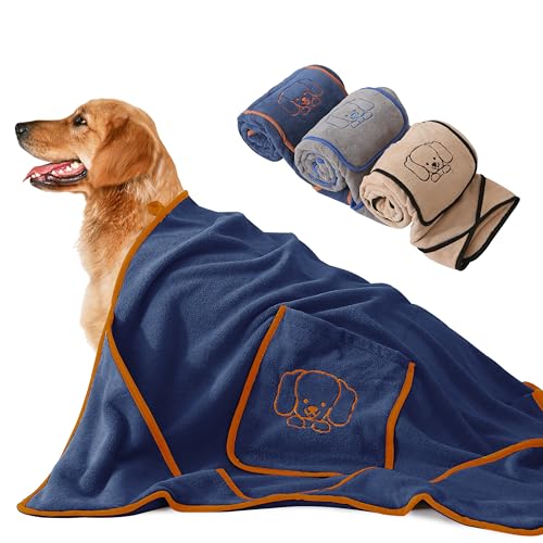 Fullove Dog Towel, Super Absorbent Large Pet Towel 51inch*31inch with Hand Pockets, Microfiber Quick Drying Dog Towels for Drying Dogs (blu)