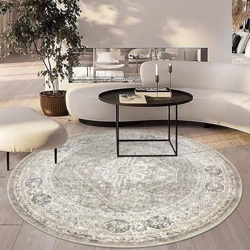 KUTA Oriental Round Rugs 5ft, Ivory Grey Yellow Washable Circle Rug 5ft, Non-Slip Printed Vintage Medallion Carpet for Living Room, Soft Cozy Dining Kitchen Throw for Entryway