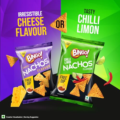 Image of Bingo ! Nachos Chilli Limon Flavour, Free Dip, Crunchy, Crispy Nacho Chips, Made Of Corn, Snacks Pack,85.4g / 82.5 Gram /80G(Weight May Vary)