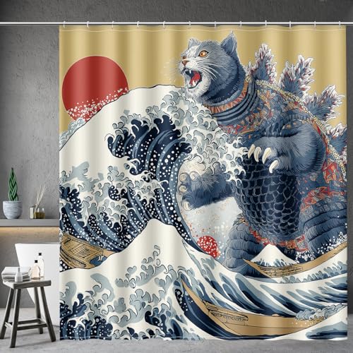 Image of Aimego Funny Cat Shower Curtain Japanese Nautical Anime Ocean Sea Wave Cool Unique Asian Whimsical Humorous Bathroom Decor Bathtub Curtain Fabric Shower Curtain Set with 12 Hooks, 72 inchx72 inch