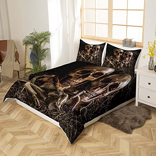 Loussiesd 3D Skull Duvet Cover Set Single for Kids Gothic Skull Bedding Set Skeleton Bones Print Comforter Cover Scary Bedspread Cover Microfiber Vintage Quilt Cover Zipper Closure 2 Pcs - Image 2