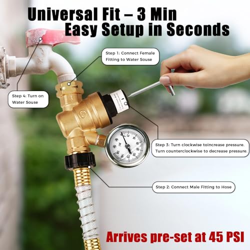 Image of SheeChung RV Water Pressure Regulator, Brass Lead-Free Adjustable Water Pressure Reducer with Gauge, Screw-Adjustable 0-160 PSI, 3 /4 inch GHT for RV, Camper, Trailer, Garden Hose