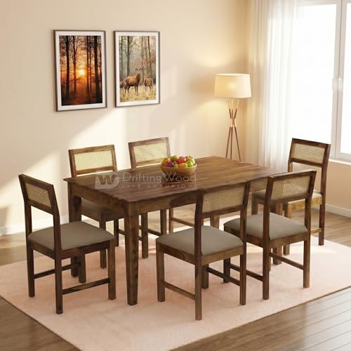 Image of DRIFTINGWOOD Amber 6 Seater Solid Sheesham Wood Dining Table Set with 6 Rattan Cushioned Chairs | Modern Dining Room Furniture, Rich Teak Finish (DIY)
