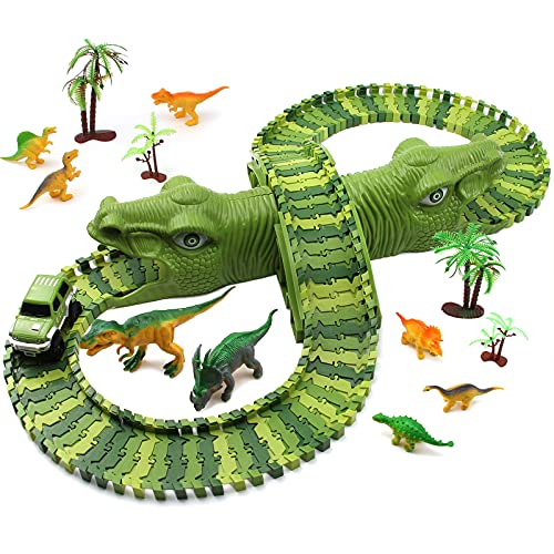 Feleph Dinosaur Race Car Track for 3-8 Years Old Kids 6.3 Feet Dinosaur Toys for Boys Cool Flexible Track Play Set, 153PCS Kid's Best Gift with 8 Dinosaurs & 1 Car