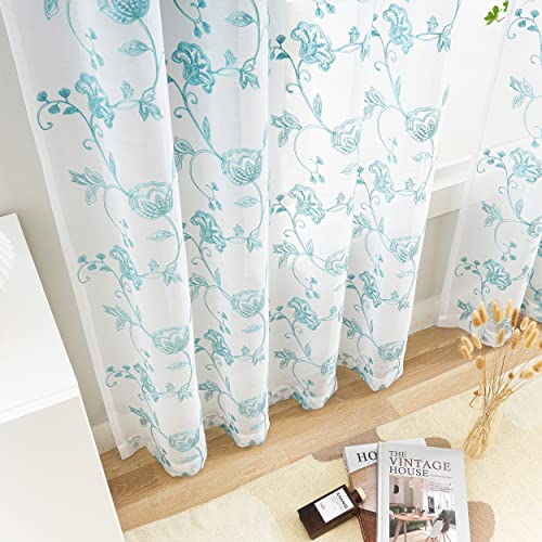 Image of Sheer Curtains Floral Embroidery Blue 84 Inch Long Rod Pocket Lace Drapes for Living room, Bedroom, 2 Panels, 52 inchx84 inch, Semi Voile Pattern Outdoor Window Treatment Sets for Yard, Patio, Villa, Parlor.