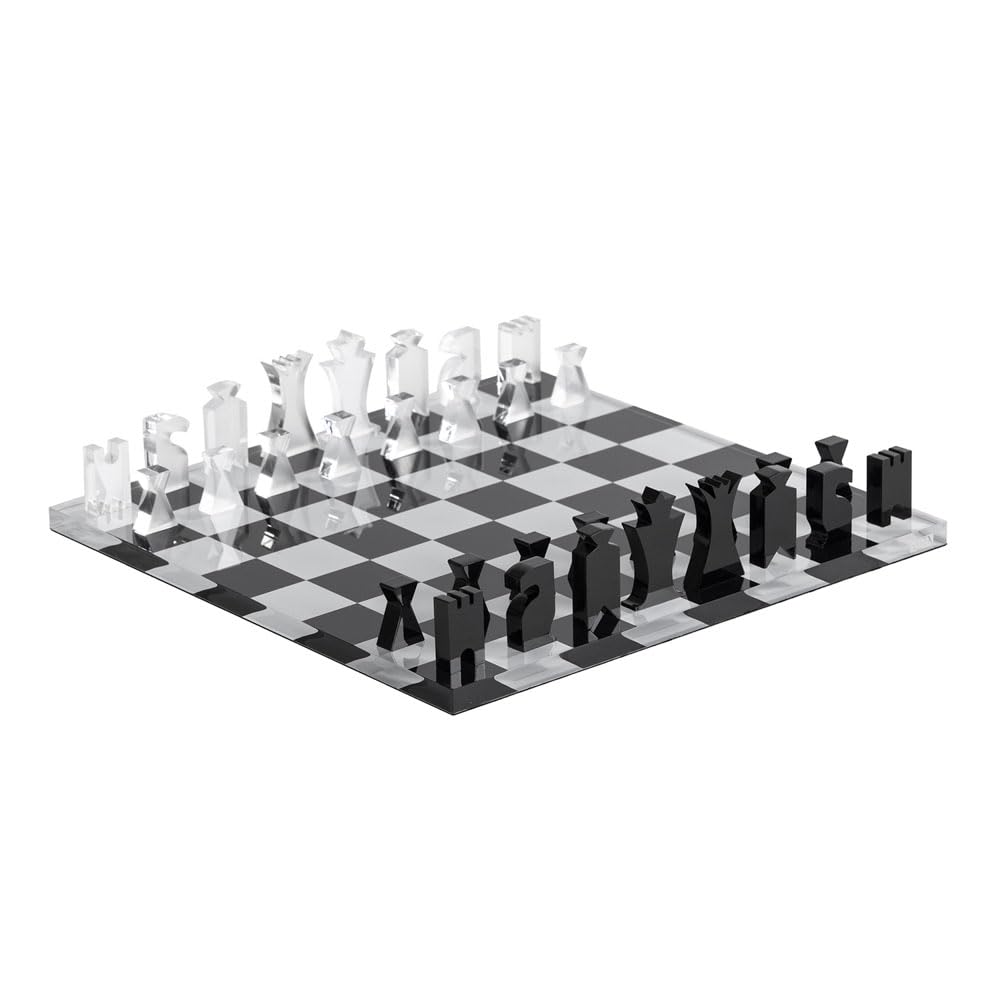 Schach- und Damenset - Schachbrett und Spielsteine enthalten - Weiß und Schwarz - Acrylglas Siebdruck - 30 x 30 cm - Geschenkidee - Made in Italy