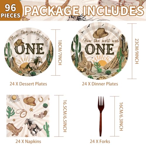 Image of Grencian 96Pcs How the West Was One Party Decorations Serves 24 | Western Cowboy 1st Birthday Plates and Napkins Tableware Set for Boys One Year Old First Rodeo Wild West Party Supplies