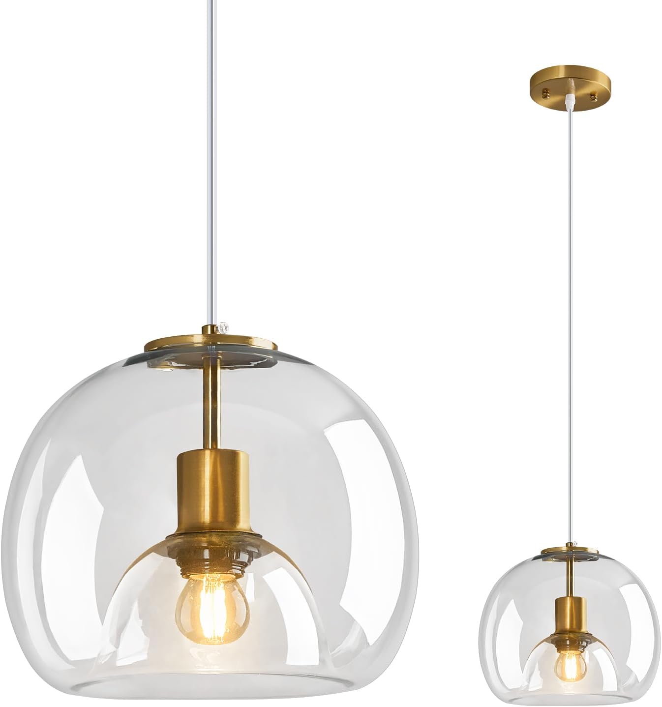 Clear Glass Pendant Lights Kitchen Island Gold Hanging Light Fixture Glass Globe Pendant Light Modern Pendant Lighting for Kitchen Island Bedroom Dining Room (10.03", 1 Pack)