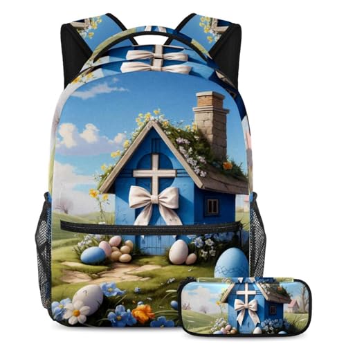 Ensemble cartable avec sac à dos et trousse bleue motif maison de Pâques pour garçons et filles