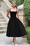 Memoriesea Women's Elegant Square Neck Swing A Line Wedding Evening Party Midi Dress Black - Image 4