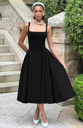 Memoriesea Women's Elegant Square Neck Swing A Line Wedding Evening Party Midi Dress Black