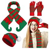 Juego de 3 piezas de gorro de Navidad, bufanda y guantes para mujeres y hombres, gorro de punto de Papá Noel, gorro de elfo a cuadros, pañuelo de invierno cálido de lana jacquard de punto, gorros
