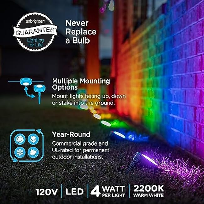 Enbrighten Premium LED Smart Garden Lights, 12 Landscape Lights, 110ft Cord plus 22ft Lead Wire, Compatible with Alexa and Google Play, Color Changing, App Control, Outdoor Landscape Lighting, 58105