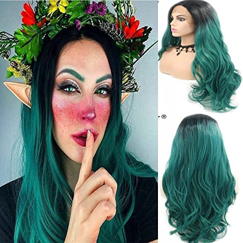 Synthetic Lace Front Wigs Ombre Green Wigs for Women Heat Resistant Hair with Black Roots 13×3inch Side Part for Daily Cosplay Lace Wig