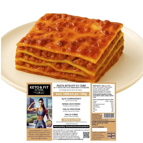 Pasta Sfoglia Lasagne KETO 01 CARB - Pasta Keto Low Carb Artigianale con 1g di Carboidrati per 50g, 16% Proteine, 188 Kcal/100g, Ricca di Fibre, Senza Glutine e Senza Zucchero, 250g