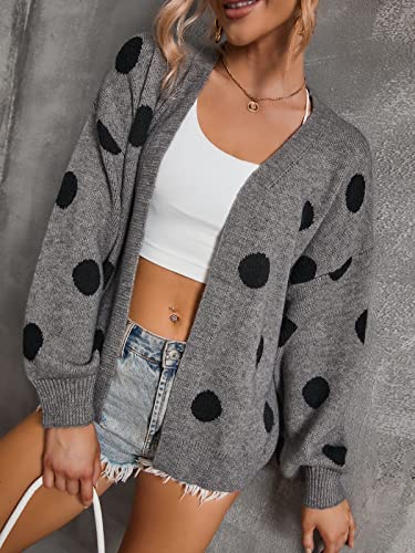Popdm Women's Cardigan 2022 New Long Sleeve Polka Dot Cardigan Open Front Knit Fall Winter Cardigans Sweater Coat For Women Grey #TOP3