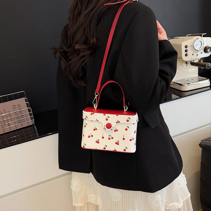 Women Casual Shoulder Bag Cherry Printed Trendy Crossbody Bag Contrast Color Cute Square Bag Travel Shopping Work Bag3