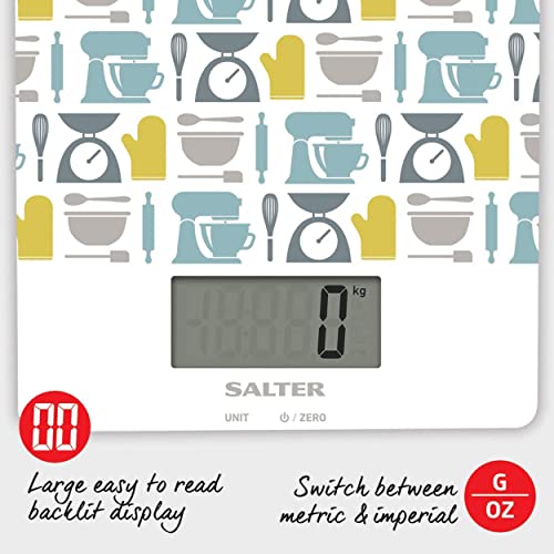 Salter 1102 GNBLDR Electronic Kitchen Scale, Digital Weighing Scales, Multifunctional For Liquids/Fluids, Baking Gadget Print, 5kg Capacity, 15 Year Guarantee, Battery Included, Green, 23x17x1.5cm - Image 6