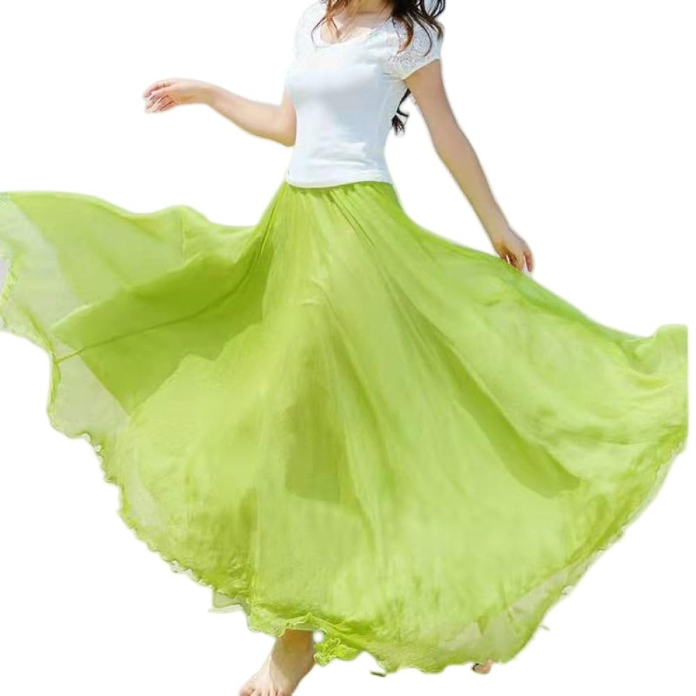 Gonne A Ruota,Gonna Midi in Chiffon Verde Chiaro da Donna Boho 8M Grande Gonna Plissettata Swing Flowy Leggera A-Line Increspato Ruffle Mopping Floor Beach Gonne Lunghe per Ragazze Ladies