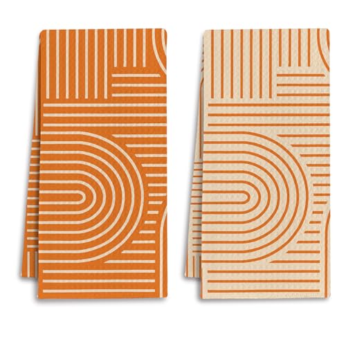 IRTAGANNY Abstract Boho Orange Kitchen Towels Minimalist Contemporary Dish Tea Towels for Kitchen Decor Mid Century Modern Orange Decorative Hand Towel for Bathroom 16x24 Inches Set of 2