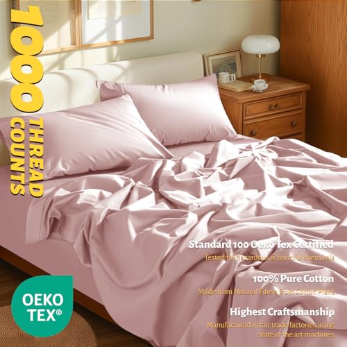 Shilucheng 100% Egyptian Cotton King Size Sheets Set - 1000 Thread Count,Luxury Cotton Bed Sheets,Breathable & Cooling Bedding and Pillow Cases, 16 Inch Deep Pocket - 4 Piece (Pink, King)