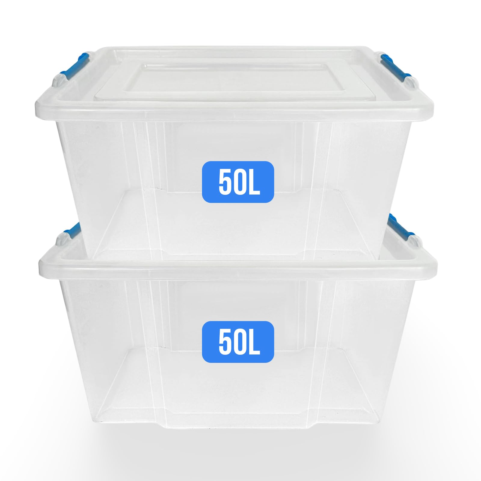 KAPCO 50L Storage Boxes with Lids - Set of 2 Clear Stackable Plastic Containers | Durable Plastic Box Storage with Clip Lock Lid | Large Storage Tub Organizer for Home Office Garage Kitchen Loft