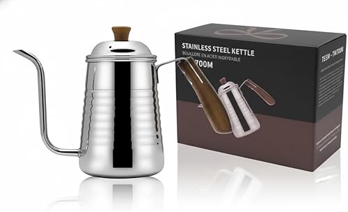 Pequeño y elegante hervidor de cuello de cisne de acero inoxidable con mango de madera y caja de regalo – 23.7 fl oz (24 onzas) para verter café y