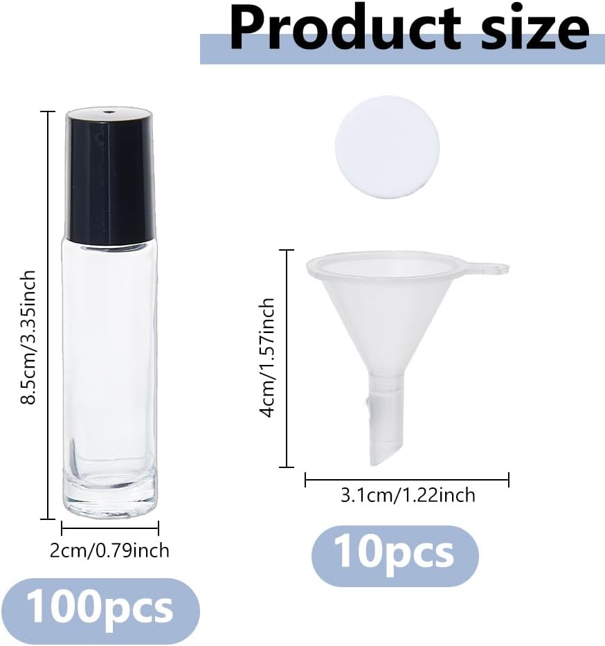 DICOSMETIC 100 Pcs Glass Roller Bottles 10ml Essential Oil Roll on Bottle Leak-Proof Steel Ball Applicator Refillable Perfume Roller For Diy Aromatherapy Lip Gloss, Clear